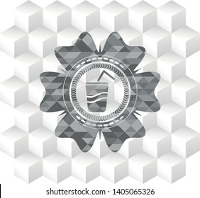 soda icon inside grey emblem with geometric cube white background