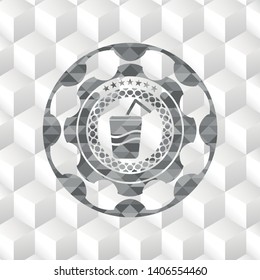 soda icon inside grey emblem with cube white background