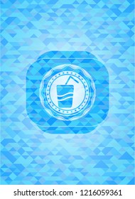 soda icon inside light blue emblem. Mosaic background