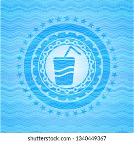 soda icon inside light blue water wave emblem background.
