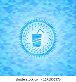 soda icon inside realistic sky blue emblem. Mosaic background