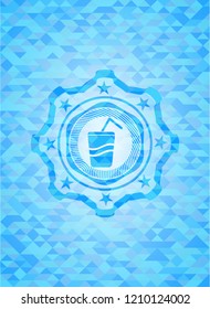 soda icon inside realistic sky blue mosaic emblem
