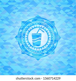 soda icon inside realistic sky blue emblem. Mosaic background