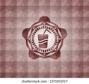 soda icon inside red emblem or badge with geometric pattern background. Seamless.
