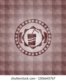 soda icon inside red emblem or badge with abstract geometric polygonal pattern background. Seamless.