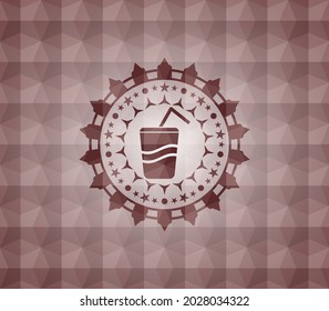 soda icon inside red emblem or badge with abstract geometric pattern background. Seamless. 