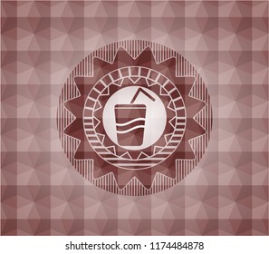soda icon inside red seamless emblem with geometric background.