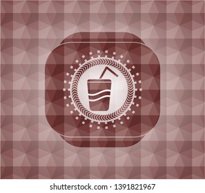 soda icon inside red seamless emblem or badge with abstract geometric polygonal pattern background.