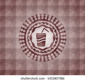 soda icon inside red seamless geometric pattern emblem. Seamless.