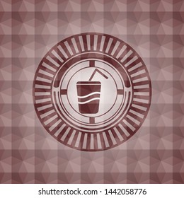 soda icon inside red seamless emblem or badge with abstract geometric polygonal pattern background.