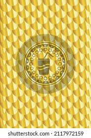 soda icon inside shiny golden badge. Scales pattern. Vector Illustration. Detailed. 