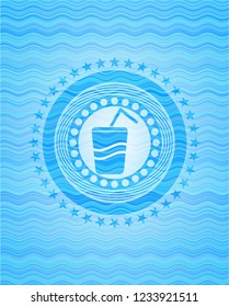 soda icon inside sky blue water badge background.