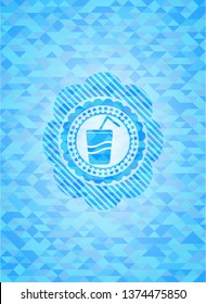 soda icon inside sky blue emblem with mosaic background