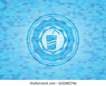 soda icon inside sky blue emblem with mosaic background