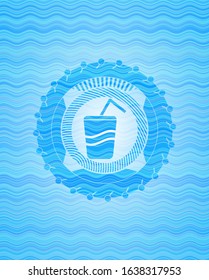 soda icon inside sky blue water badge background.
