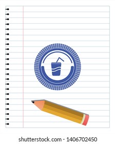 soda icon pen emblem. Blue ink. Vector Illustration. Detailed.