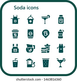 soda icon set. 16 filled soda icons.  Simple modern icons about  - Apron, Soda, Cocktail, Alcohol, Take away, Can, Bar, Bottle, Lemonade, Fast food, Juice, Drink