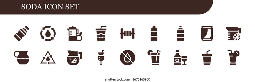 soda icon set. 18 filled soda icons. Included Bottle, Water, Juice, Soda, Bars, Can, Lemonade, Cocktail, Drink icons
