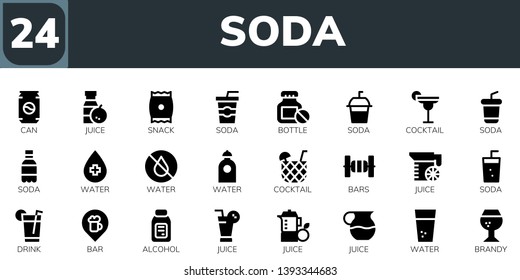 soda icon set. 24 filled soda icons.  Simple modern icons about  - Can, Juice, Snack, Soda, Bottle, Cocktail, Water, Bars, Drink, Bar, Alcohol, Brandy