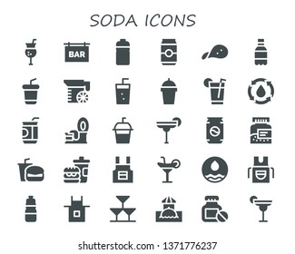 soda icon set. 30 filled soda icons.  Collection Of - Cocktail, Bar, Bottle, Can, Snack, Soda, Juice, Drink, Water, Tin, Fast food, Apron, Drinks