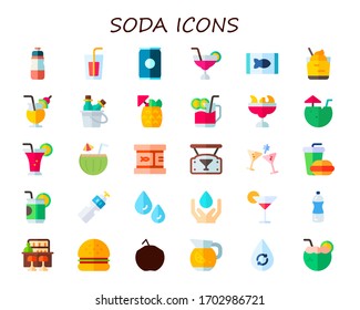 soda icon set. 30 flat soda icons.  Simple modern icons such as: bottle, cocktail, canned food, Cocktail, drink, coconut water, bar, fast food, can, water bottle, water, hamburguer