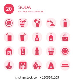 soda icon set. Collection of 20 filled soda icons included No fast food, Cocktail, Lemonade, Watering, Bottle, Drink, Beverage, Apron, Fries, Fried chicken, Water, Water bottle