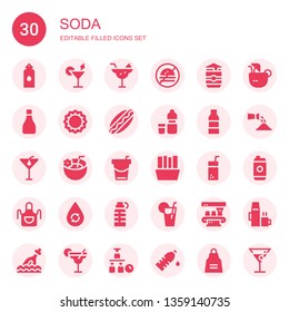 soda icon set. Collection of 30 filled soda icons included Water, Cocktail, No fast food, Beer can, Bottle, Bottle cap, Hotdog, Water bottle, Coconut drink, Beverage, Fries, Juice