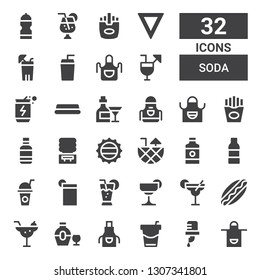 soda icon set. Collection of 32 filled soda icons included Apron, Water, Beverage, Bottle, Cocktail, Hotdog, Drink, Water bottle, Bottle cap, Water machine, Fries, Energy drink