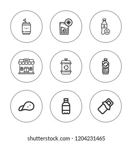 Soda icon set. collection of 9 outline soda icons with bar, bottle, lemonade, plastic bottle, snack, water icons. editable icons.