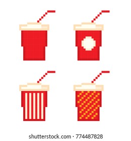 Soda icon set. Pixel art. Old school computer graphic style. Games elements.