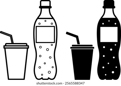 Soda Icons. Black and White Vector Illustration. Carbonated Drink and Plastic Cup with Straw. Carbonated Soft Drink. Fast Food Concept