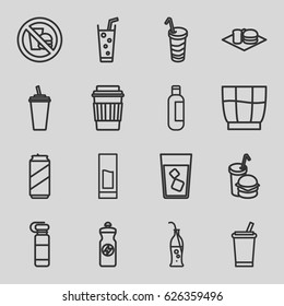 Soda icons set. set of 16 soda outline icons such as bottle, drink, energy drink, burger and drink, beer can, no fast food