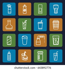 Soda icons set. set of 16 soda outline icons such as canister, drink, energy drink, soda, burger and drink, bottle, beer can, bottle for fitness