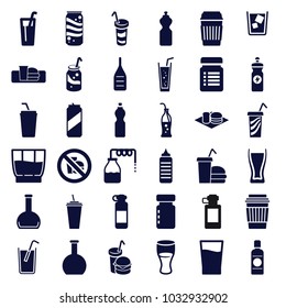 Soda icons. set of 36 editable filled soda icons such as canister, drink, energy drink, burger and drink, bottle for fitness, fitness bottle, no fast food