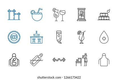 soda icons set. Collection of soda with apron, water, bars, bottle, alcohol, cocktail, bar, bottle cap, bottles, phone box, cocktails. Editable and scalable soda icons.