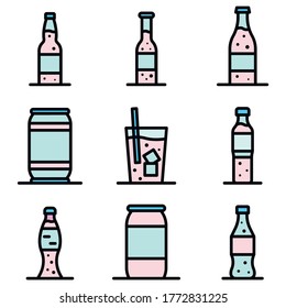 Soda icons set. Outline set of soda vector icons thin line color flat on white