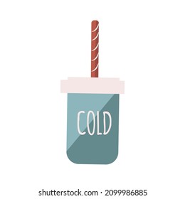 Soda or juice in disposable cup with straw and text Cold, simple flat vector illustration