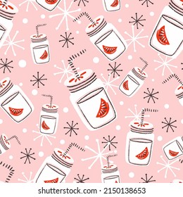 Soda with Lime Slice in Mason Jars Vector Seamless Pattern