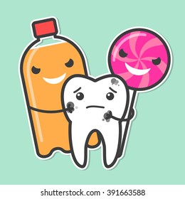 Soda and lollipop bully tooth. Sweets provoke dental caries concept. Vector illustration