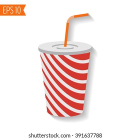 Soda paper cup and tubule closeup with shadow isolated on white background. Fast food menu icon. Flat design vector illustration 