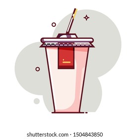 Soda paper disposable cup with drinking straw. Flat cartoon style. Isolated fast food drink icon for poster, web design, banner, logo or badge. Colorful vector illustration.