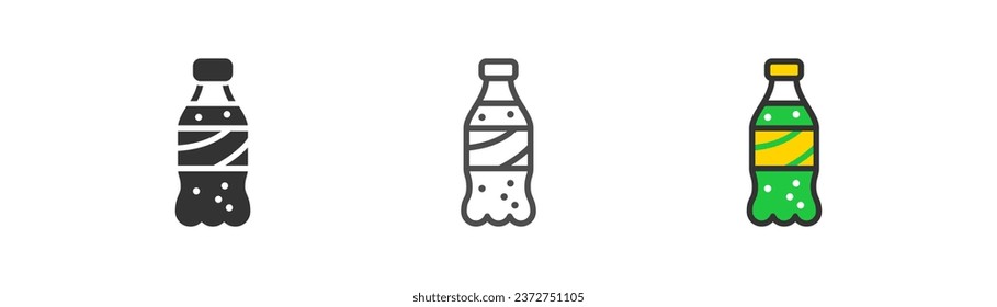 Soda in plastic bottle icon. Cold beverage symbol. Carbonated drink with different flavor. Outline, flat and colored style icon for web design. Vector illustration.