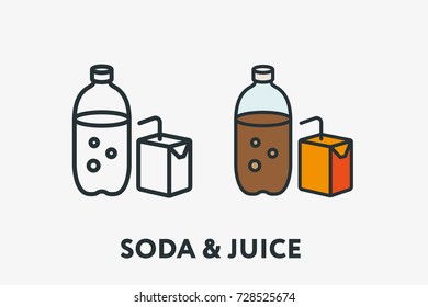 Soda Plastic Bottle And Juice Paper Packet With Straw Minimal Flat Line Outline Colorful And Stroke Icon Pictogram