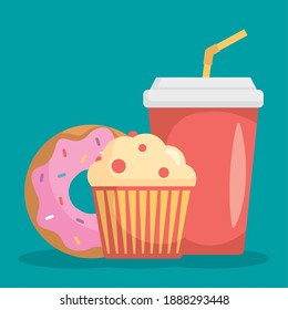 soda in plastic container with cupcake and donut vector illustration design