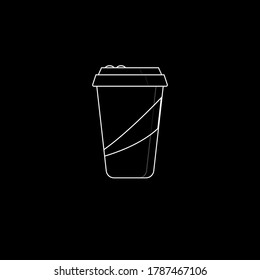 Soda in a plastic cup isolated black background. Vector illustration. Logo, pictogram, icon, symbols or sticker. Drink with white contur on black. Simple design. Flat illustration.