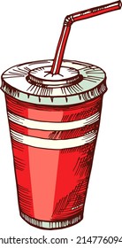 Soda Plastic Cup. Takeaway Cold Drink Color Sketch