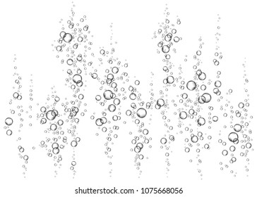 Soda pop. Champagne. Effervescent drink. Fizz. Underwater fizzing air, water or oxygen  bubbles on white  background. Fizzy sparkles in sea, aquarium.  Undersea vector texture.