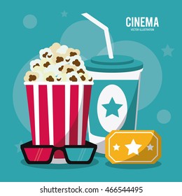 soda pop corn ticket 3d glasses movie film going to cinema icon. Colorful illustration. Vector graphic