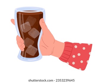 Soda pop glass in hand. Coke with and ice cold refreshing drink. Hand holding glass of sparkling water flat vector illustration