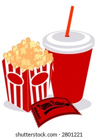 Soda, Popcorn and Movie Ticket - Vector